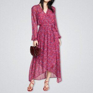 Custommade Leslie Wrap Maxi Dress Flowy Sheer Chiffon Floral Print Red W Small